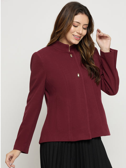 Madame Maroon Mock Neck Full Sleeve Short Coat