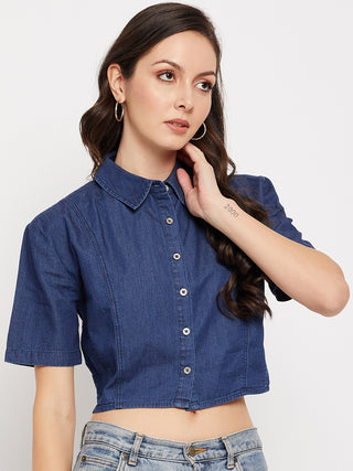 Madame Shirt Collar Denim Crop Top