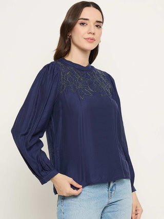 Madame Blue Rayon Blend Puff Sleeve Top