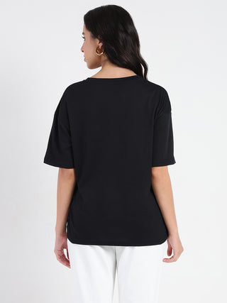 Madame Front Embellished Solid Black Cotton T-shirt