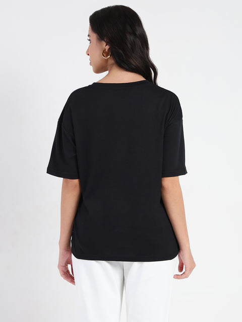 Madame Front Embellished Solid Black Cotton T-shirt