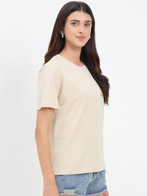 Madame Beige Cotton Printed Half-Sleeve T-Shirt