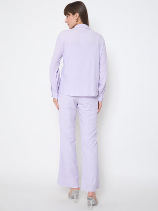 Madame Embroidered Shirt with Crop Tank and Wide-Leg Pants Three Piece Lilac Co-ord Set