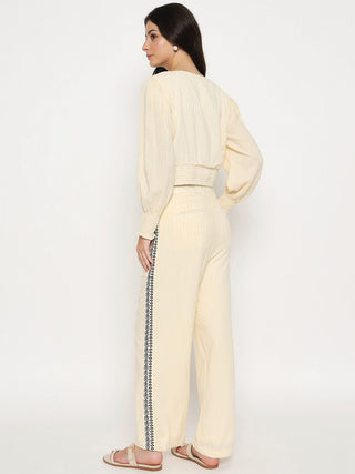 Madame Embroidered Top and Bottom Textured Beige Co-ord Set