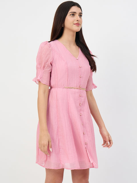 Madame Pink V-Neck Fit and Flare Lyocell Dress with Chain Belt