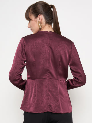 Madame Solid Maroon Overlap Asymmetrical Ruched Sleeve Satin Top