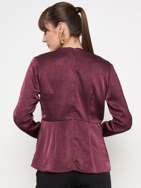 Madame Solid Maroon Overlap Asymmetrical Ruched Sleeve Satin Top