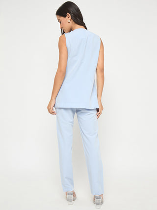 Madame Solid Sleeveless Top and Bottoms Blue Co-ord Set