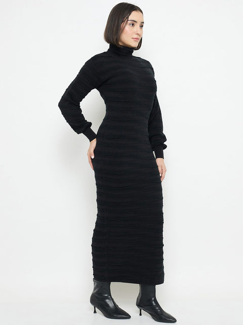 Madame High Neck Black Knitted Midi Dress