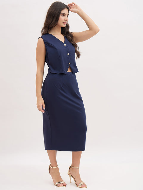 Madame Blue Rayon Blend Vest Coat Dress