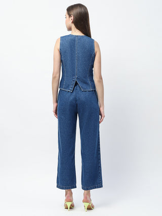 Madame Pintuck Detailed Top and Straight Trousers Mid Blue Co-ord Set