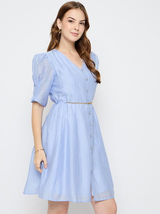 Madame Textured Belted Blue Mini A Line Dress