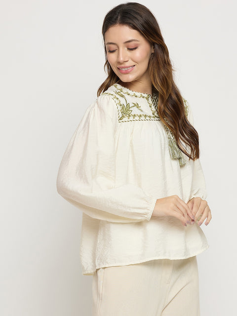 Madame Off White Viscose Embroidered Round Neck Puff Sleeve Tunic Top
