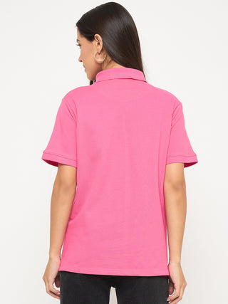 Madame Cotton Blend Solid Pink Polo T-shirt
