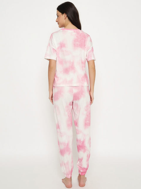 mSECRET Tie and Dye Top and Bottom Printed Pink Night Suit