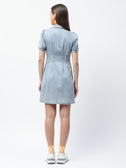 Madame Pintuck Detailed Light Blue Mini Denim Dress