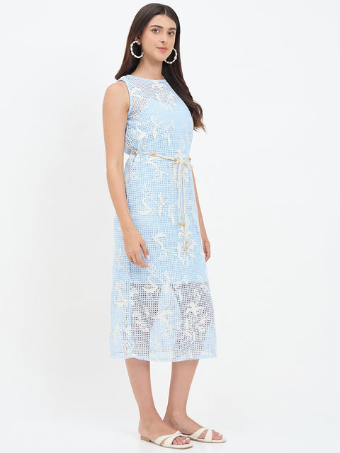 Madame Blue Floral Embroidery Crochet Dress