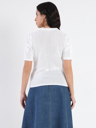 Madame Semi Sheer Botanical Pattern White Knit Top