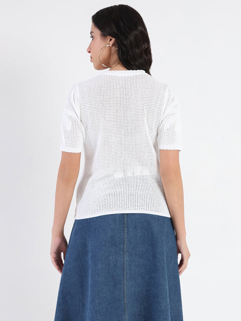Madame Semi Sheer Botanical Pattern White Knit Top