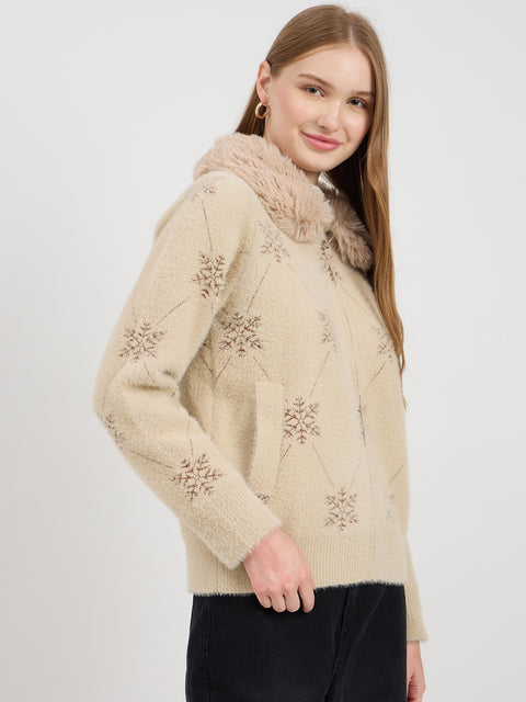 Madame Beige Printed Fur Collar Cardigan