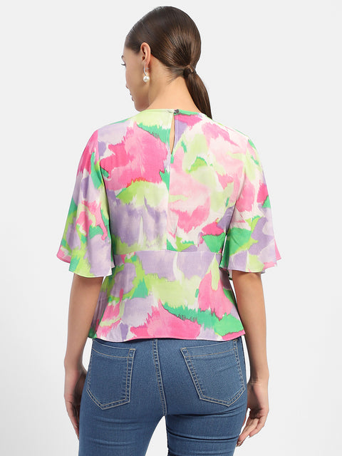 Madame Floral Print Pink Flutter Sleeve Top