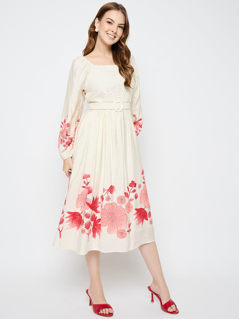 Madame Floral Print Belted Beige Rayon Midi Dress
