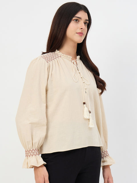 Madame Beige Gather-Detail Cotton Top