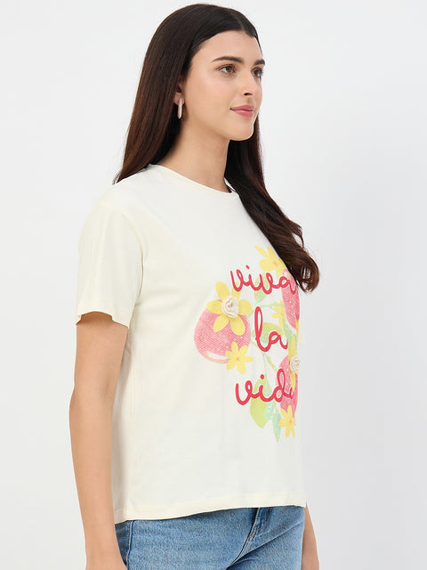 Madame Beige Crew Neck Printed Cotton T-Shirt