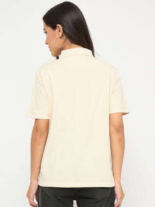 Madame Botanical Print Beige Cotton Blend Polo T-shirt