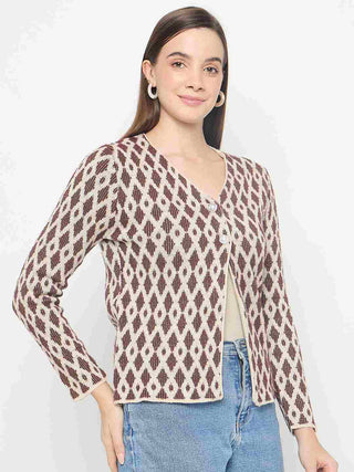 Madame Geometric Print Button Up Brown Cardigan