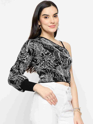 Madame Printed One Shoulder Black Knitted Top