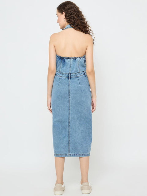 Madame Halter Neck Bodycon Cotton Denim Dress