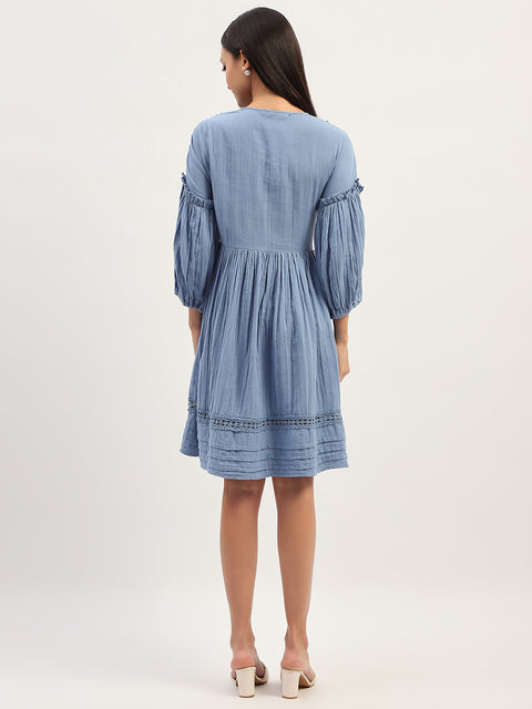 Madame Puff Sleeve Fit And Flare Cotton Blue Midi Dress