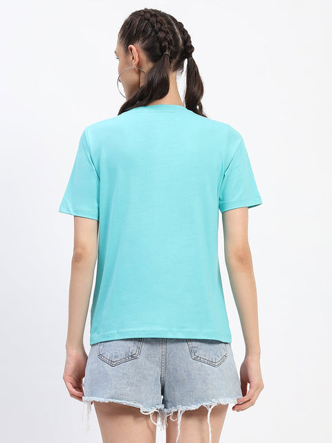 Madame Typography Detailing Cotton Aqua Top
