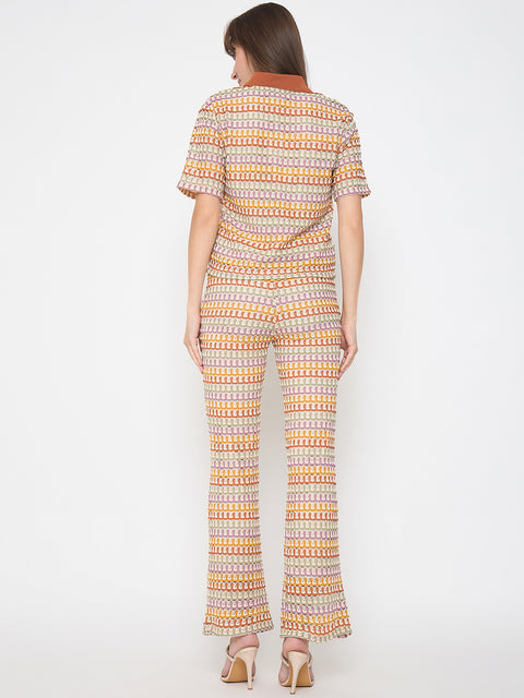 Madame Geometric Pattern Polo Top and Flared Pants Brown Co-ord Set