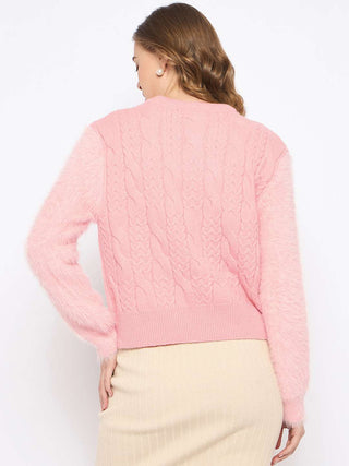 Madame Cable Knit Solid Peach Sweater