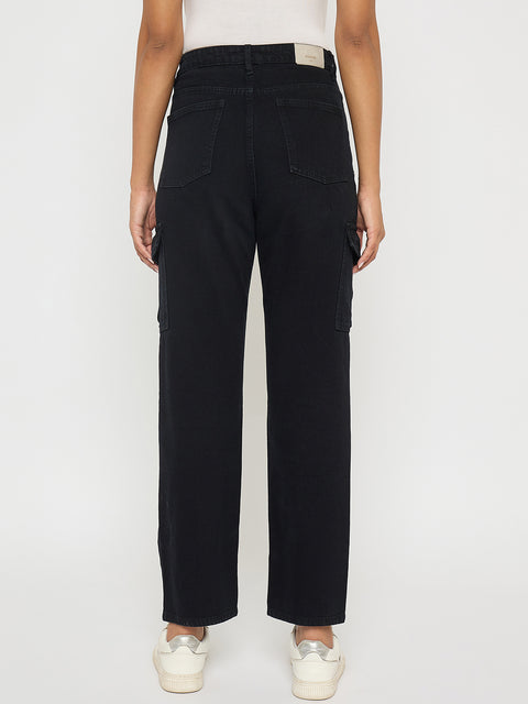 Madame Multi Pocketed Black Straight Cotton Denim Cargo