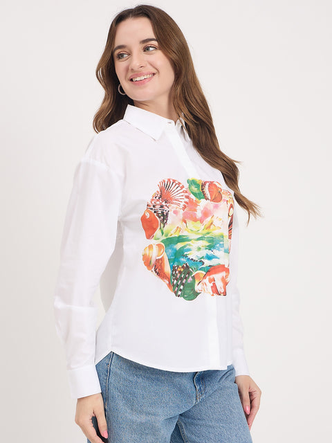 Madame White Graphic Print Cotton Full Sleeve Shirt