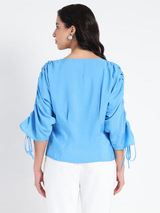 Madame Textured Ruched Sleeve Powder Blue Nylon Blend Top