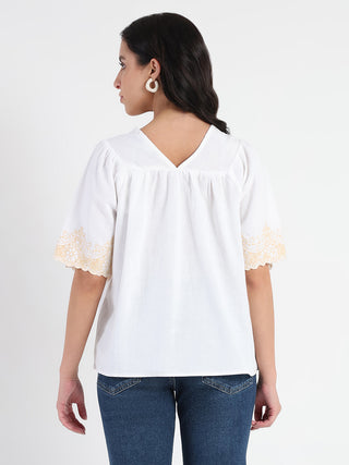 Madame Embroidered Detail Off White Viscose Blend Top
