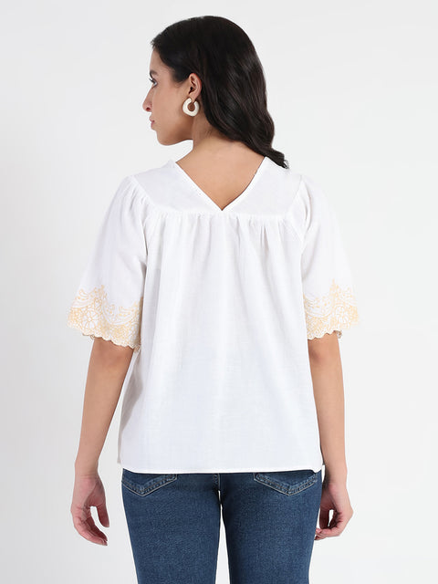 Madame Embroidered Detail Off White Viscose Blend Top