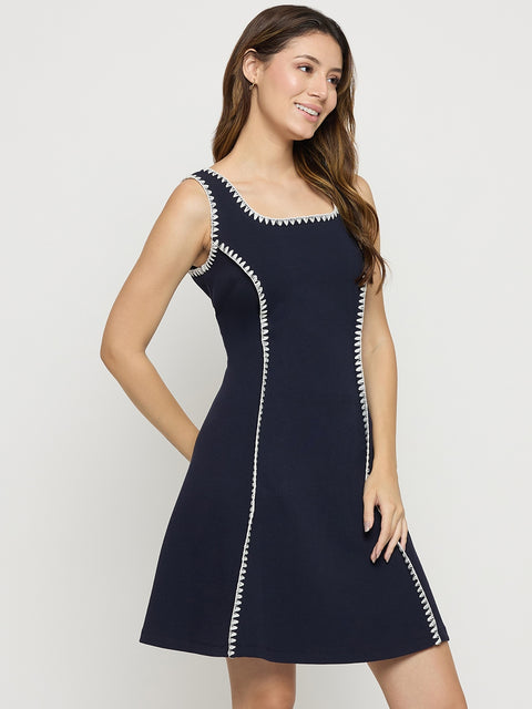 Madame Navy Rayon Blend Sleeveless Fit and Flare Mini Dress