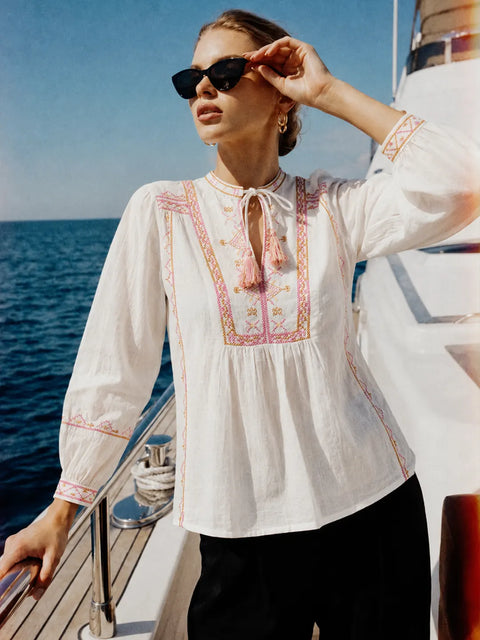 Madame Off-White Embroidered Cotton Mandarin Top