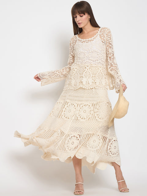 Madame Crochet Round Neck Bell Sleeve Beige Top