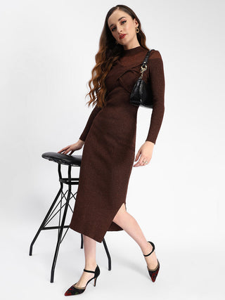 Madame Twisted Detailing Ribbed Bodycon Brown Dress