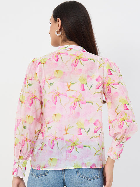 Madame Pink Printed Semi-Sheer Tencel Mandarin-Collar Top