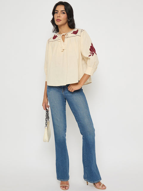 Madame Floral Embroidered Tie Neck Beige Top