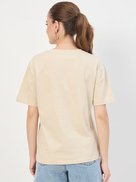 Madame Beige Graphic Print Cotton Round Neck T-Shirt