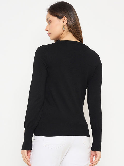 Madame Black Solid Sweater with Cuff Sleeves
