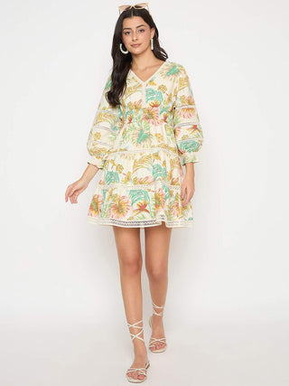 Madame Floral Print Tiered Off White Mini Dress
